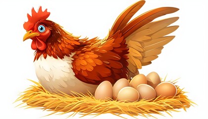 World Egg Day concept,Colorful Cartoon Hen Sitting on a Straw Nest Surrounded by Fresh Brown Eggs in a Bright Minimal Barnyard Illustration Playful Artwork