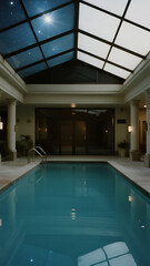 An indoor swimming pool with a glass ceiling showing a starry night sky on one side and bright noon sun on the other, uncanny dreamlike backrooms scene