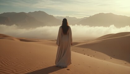 Back view of woman in long robe walking through vast desert landscape towards holy lands. Sunlight illuminates rolling sand dunes, distant mountains shrouded in mist. Represents spiritual journey of