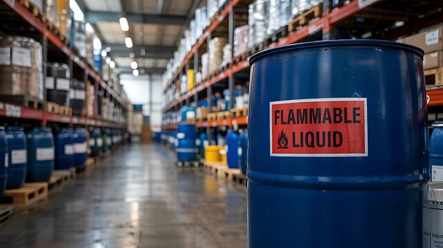 Close up of a blue metal drum with a red flammable liquid warning label in a large warehouse aisle filled with storage shelves and barrels