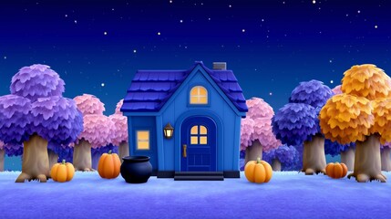A small, blue house nestled among colorful trees at night.