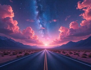 Magical desert highway stretches towards horizon bathed in vibrant pink clouds, starry night sky. Mountains frame surreal, cosmic landscape. Open road journey evokes sense of adventure, serenity,