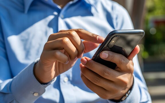 Close up of a person wearing a blue shirt using a smartphone with their fingers touching the screen outdoors in bright sunlight