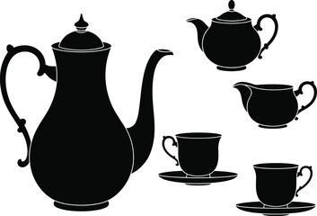 Vintage tea set silhouette collection with teapots, cups, saucers, and milk jug, elegant black kitchenware vector isolated illustration