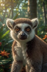 Wild lemur close-up showing vibrant eyes and soft fur texture.
