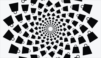 Abstract spiral pattern of shopping bags creating a hypnotic optical illusion, with a white background.