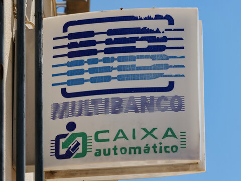 Portugal, Loul&eacute;, August 09. 2025, Sign for a Multibanco ATM in Portugal, Multibanco: is a Portuguese interbank network operated by SIBS (Sociedade Interbanc&aacute;ria de Servi&ccedil;os S.A.)