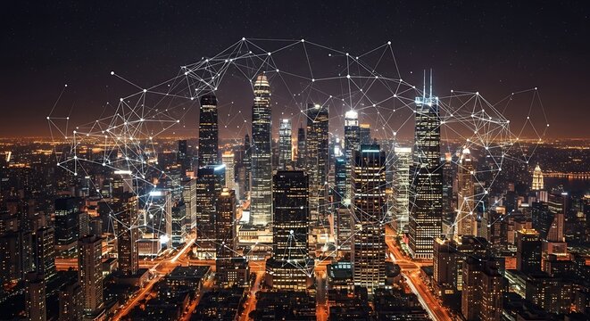 Illuminated cityscape at night with interconnected network lines overlaying the buildings.