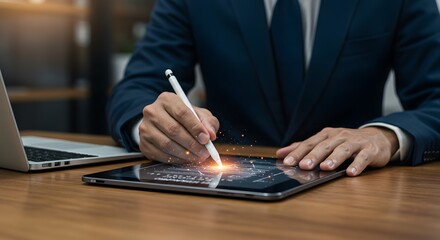 Businessman using stylus on tablet with data visualization and glowing particles, laptop nearby