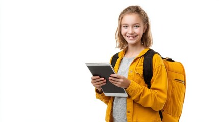 A cheerful schoolgirl, with a backpack, smiling while holding a tablet, representing modern education, and the digital age.