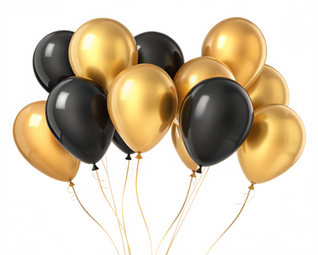 gold and black colored balloons isolated on transparent background white