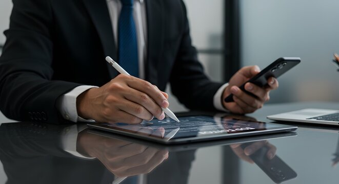 Businessman using tablet and smartphone for financial analysis