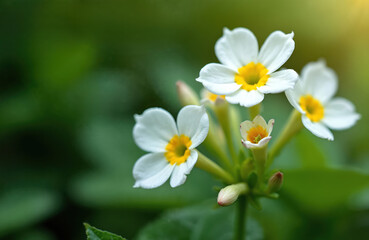 Fototapeta premium Closeup of white Bacopa Monnieri flowers with yellow centers in springtime garden. This plant has medicinal properties for alternative medicine and skincare, showing delicate petals and green leaves.