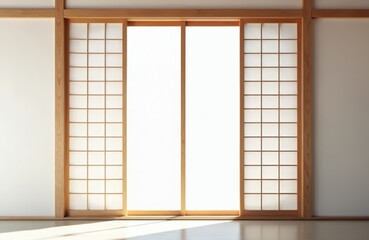 Wooden shoji screen detail with geometric grid pattern. Natural wood frame, white paper panels diffuse light. Traditional Japanese interior element, sliding door, partition.