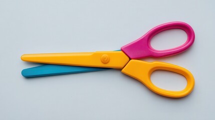 A pair of colorful, child-friendly scissors with a pink handle and a blue blade against a light background.