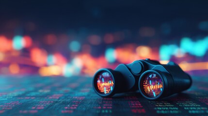 A pair of binoculars resting on a digital background, showcasing colorful reflections and data, suggesting a connection between exploration and technology.