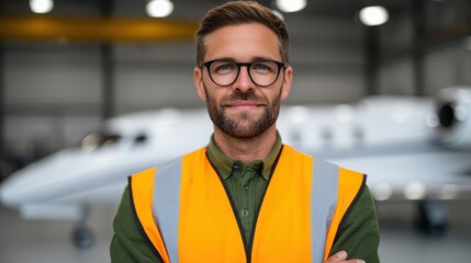 A confident man in a safety vest stands in an aircraft hangar, smiling with a private jet in the background.