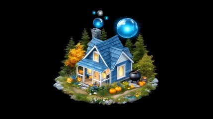 Charming blue house nestled in a whimsical autumnal landscape.