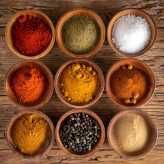 A Vibrant Collection of Aromatic Spices in Small Wooden Bowls
