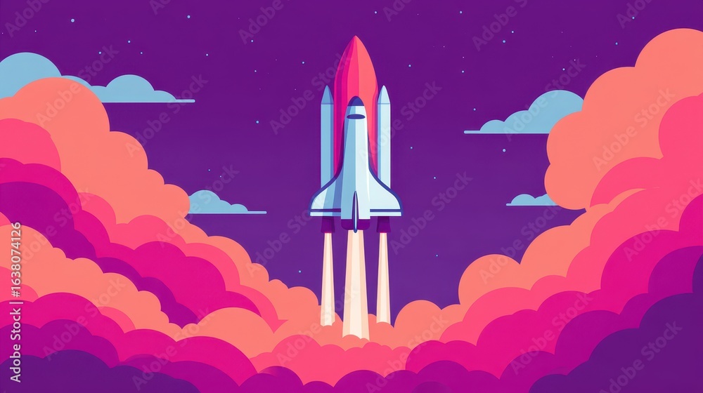 Wall mural a colorful illustration of a rocket launching through clouds against a starry background, symbolizin