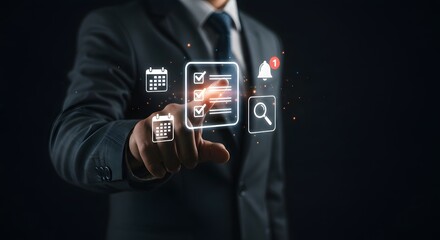 Businessman's Hand Interacting with Digital Checklist and Calendar Icons