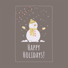 Christmas card with snowman in a cozy hat and scarf, surrounded by snowflakes. Holiday hand drawn vector illustration for festive greetings, winter branding, and seasonal designs.