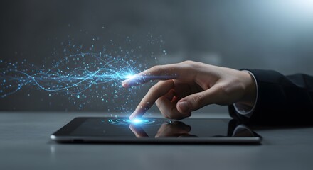 Businessman's hand touching digital interface with glowing data streams and binary code on tablet