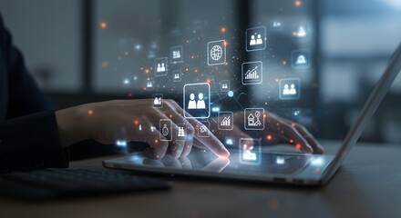Businesswoman using tablet with digital interface of business icons and network connections