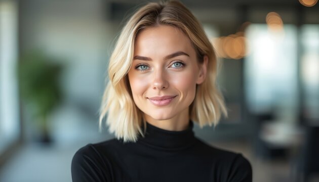 Close-up portrait of confident blonde woman with subtle smile. Modern pro style, natural lighting create warm, inviting image. Blurred office backdrop enhances focus on expressive face, blue eyes,