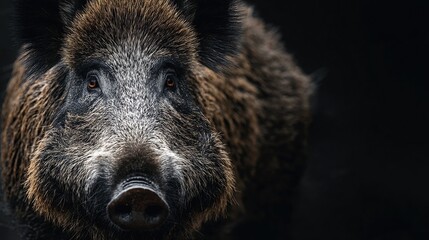 Wild boar portrait; coarse fur texture and intense stare against a dark background