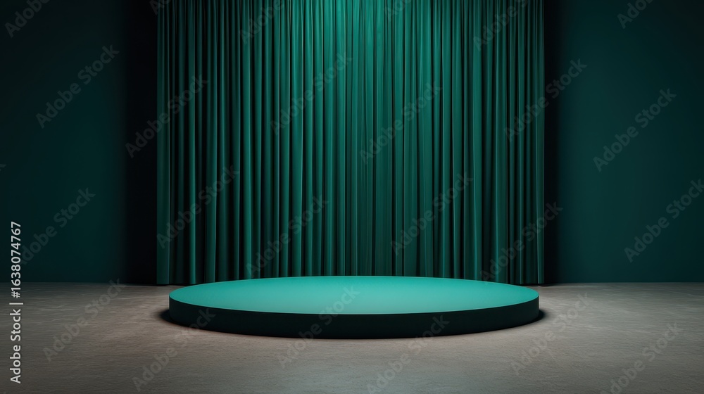 Wall mural A minimalist stage setup with teal curtains and a circular platform, creating a vibrant yet serene atmosphere.
