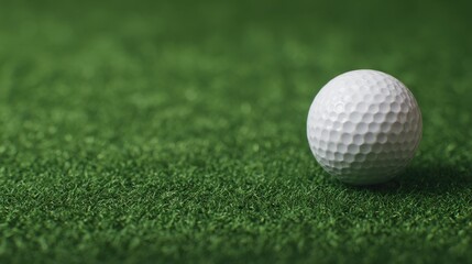 A close-up of a white golf ball resting on vibrant green artificial grass, symbolizing the sport of golf and outdoor leisure activities.