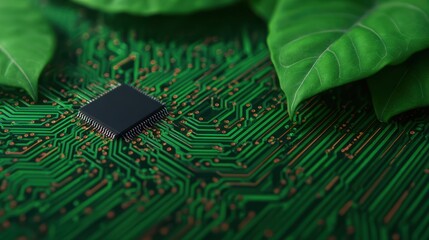 A microchip surrounded by green leaves on a circuit board symbolizes the fusion of technology and nature.