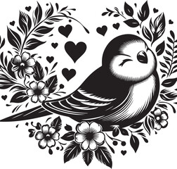 Adorable Bird Surrounded by Heart-Shaped Floral Design