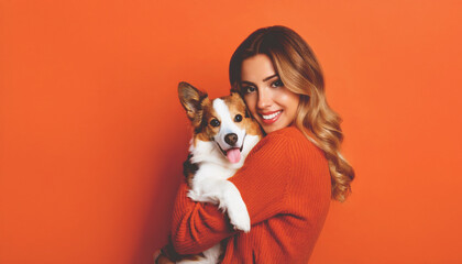 Woman holding a corgi dog isolated on orange background.