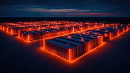Fototapeta premium A futuristic landscape of illuminated containers, glowing in orange against a dark sky, suggesting advanced technology or energy storage.