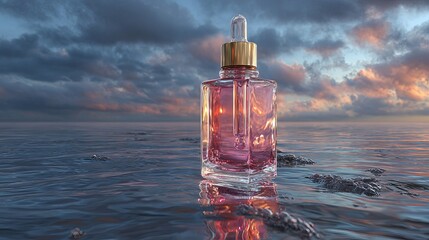 Elegant skincare serum bottle reflecting sunset on water for beauty and wellness promotions