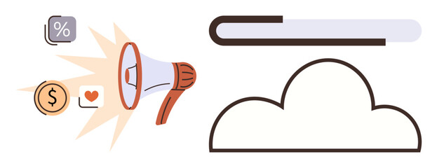 Megaphone emitting icons thumbs up percentage, money, heart, and cloud with a progress bar. Ideal for marketing, advertising, communication, technology data storage innovation. Simple flat