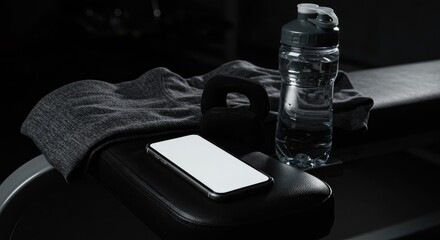 Gym Essentials Still Life: Phone, Kettlebell, Water Bottle on Bench