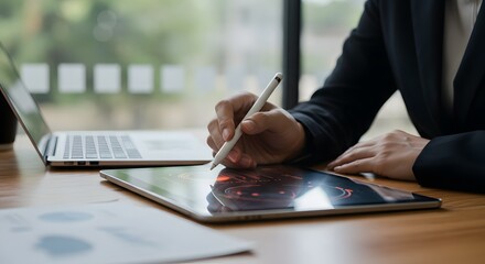 Close-up of a person in a suit using a stylus on a tablet with data visualizations, near a laptop and charts
