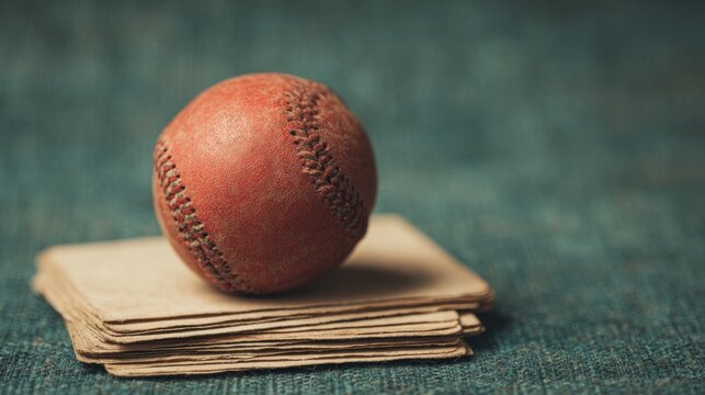 A vintage baseball rests on a stack of weathered cards, highlighting a nostalgic sports theme against a textured background.