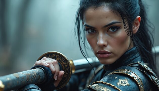 Regal warrior woman grips katana, detailed armor. Determined expression, charcoal artistry style. Blurred background, dramatic depth, and lighting create a powerful, realistic scene.