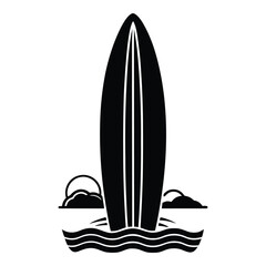 A tall surfboard standing upright on a sandy beach representing summer vacation and water sports equipment © MdEashad