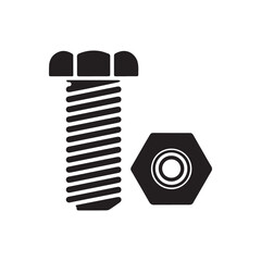 Bolt and nut icon. Black silhouette of a screw and hex nut fastener, hardware for construction and repair. Vector graphic isolated on white background.
