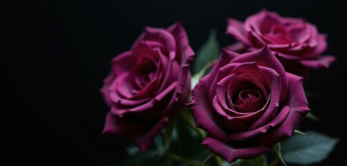 Fototapeta premium Three dark purple roses with velvety petals detailed macro shot. Luxurious blooms arranged against deep black background, creating sophisticated, moody, romantic atmosphere ideal for greeting cards,