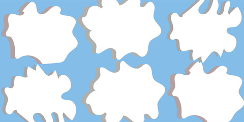 Set of white cloud icons on a blue background. Cloud shapes vary in size and form. Simple cloud design for weather or sky themes. Cloud icons in a grid layout. Weather illustration, vector set.