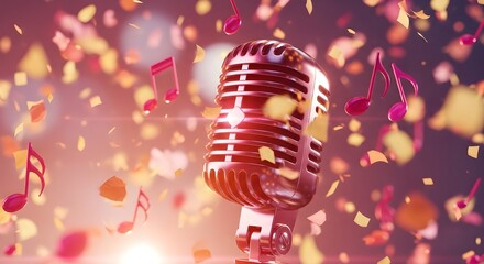 Vintage microphone with musical notes and confetti for music industry success