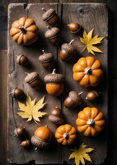 Autumn flatlay with pumpkins, acorns and maple leaves on rustic wood