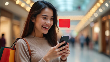 Excited young woman holds smartphone shopping at mall, receives cashback notification. Smiling, joyful consumer enjoys surprise savings, discount reward on purchase. Mobile e-business app engagement,