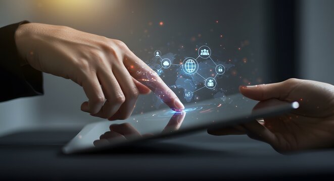 Close-up of hands interacting with a digital interface displaying a global network and social connections